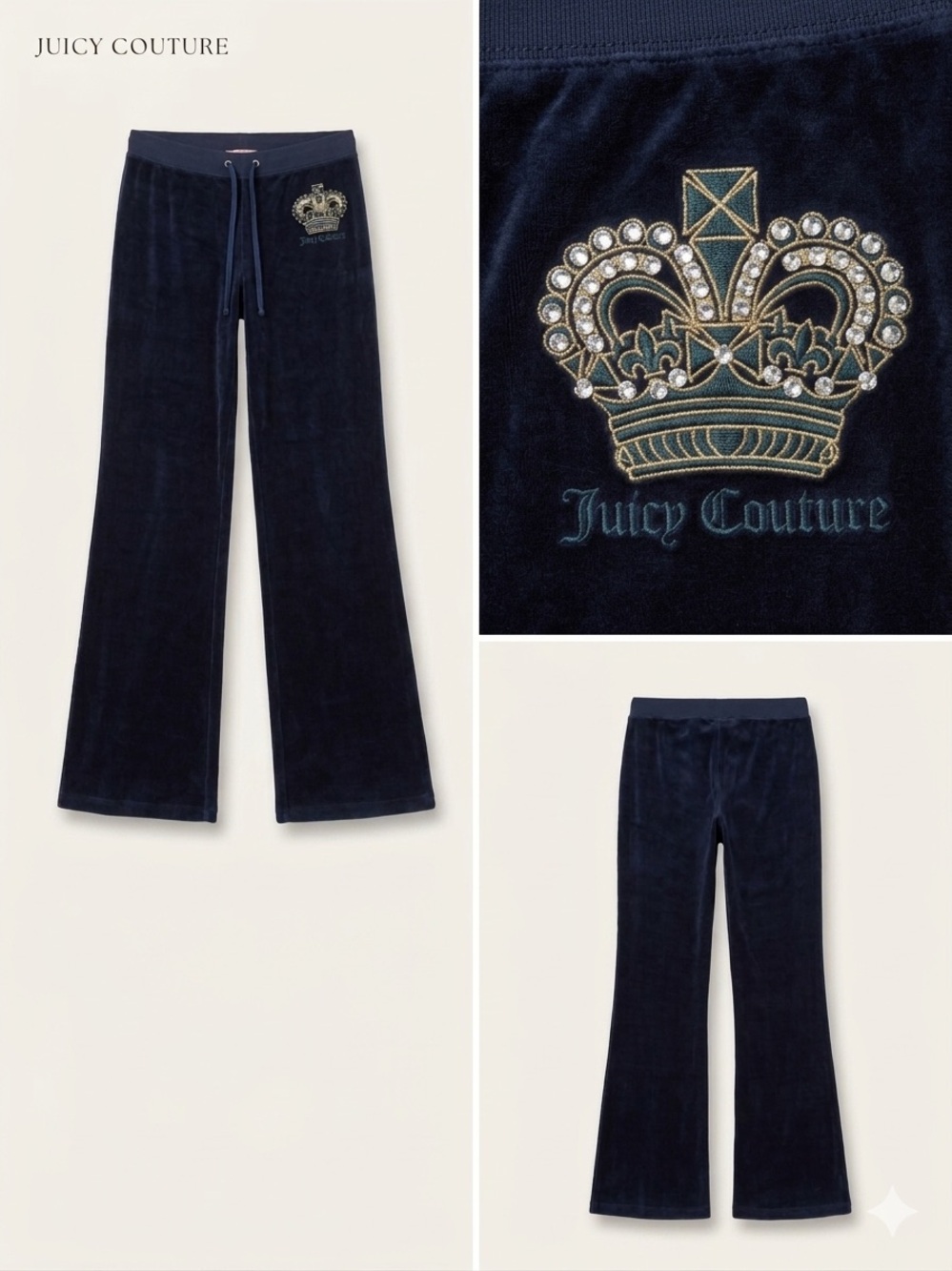 Juicy Couture navy blue Velour Crown Logo Pants with Gold Embroidery